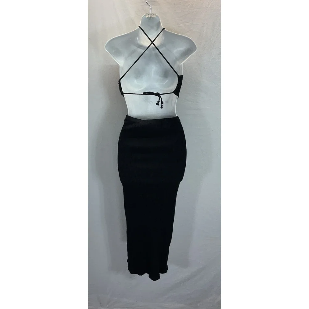 New Free People Beach Black Halter Dress Tie Back Sun Dress XS Bodycon Ribbed - Picture 2 of 8